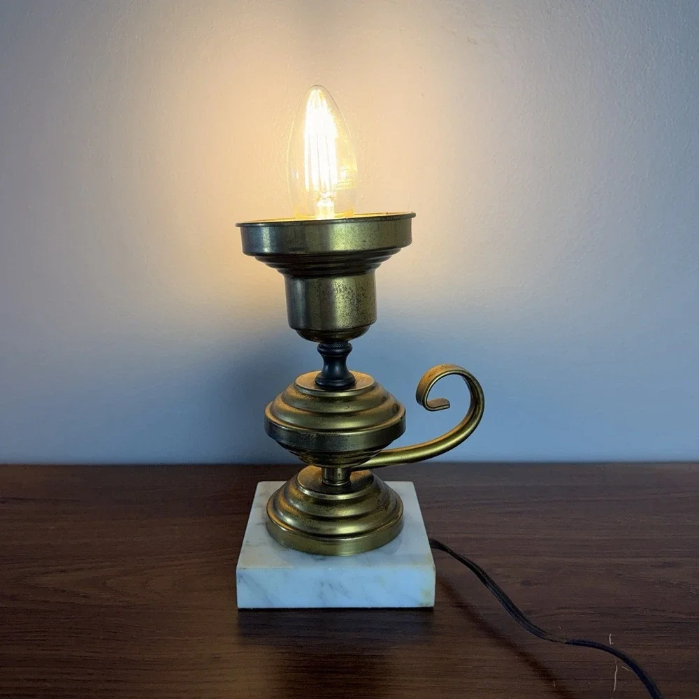 Vintage Brass Marble Table Lamp Candle Style Hollywood Regency Accent